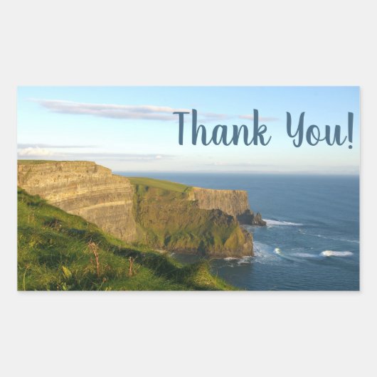 青い海の崖と空の写真ありがとうステッカー 長方形シール (正面)