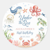 青い海の底の海洋動物の誕生日 ラウンドシール (正面)