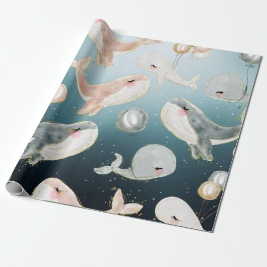 青い海の水彩画のかわいいクジラ ラッピングペーパー (アンロールド)