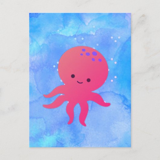 青い海の水彩画のかわいい漫画のタコ ポストカード (正面)