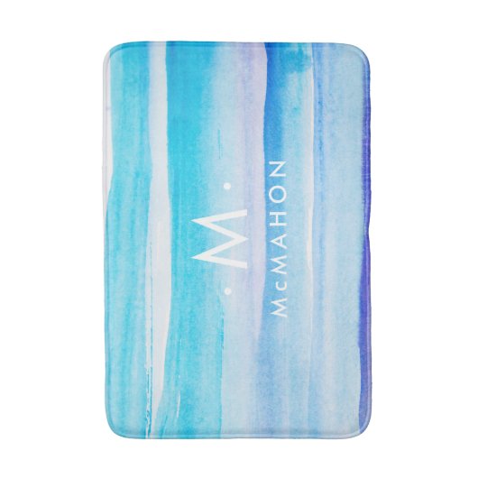 青い海の水彩画のモノグラム及び姓 バスマット (正面縦)