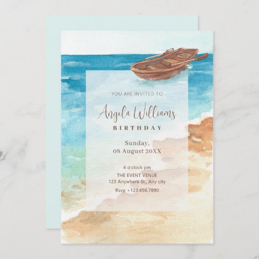青い海の水彩画の絵の具の誕生日 招待状 (正面/裏面)