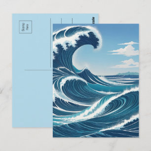 青い海の波と青い空の白い雲 ポストカード