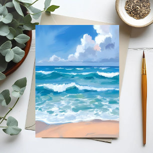 青い海の波 ビーチ 海 水彩画 ポストカード