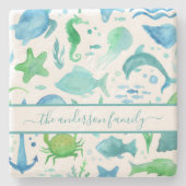 青い海の海イルカの苗字 ストーンコースター (正面)