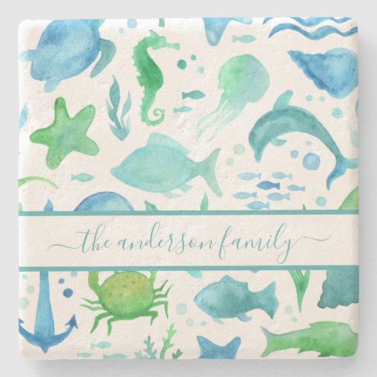 青い海の海イルカの苗字 ストーンコースター (正面)
