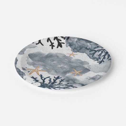 青い海の珊瑚の水彩エレガントパーティー ペーパープレート (アングル)