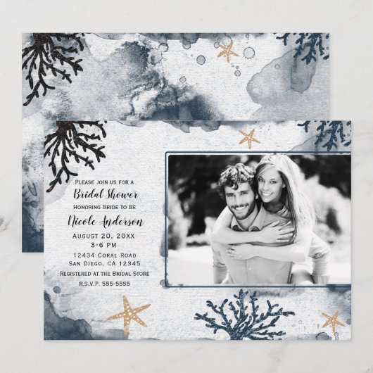 青い海の珊瑚の水彩画 ブライダルシャワーの写真 招待状 (正面/裏面)