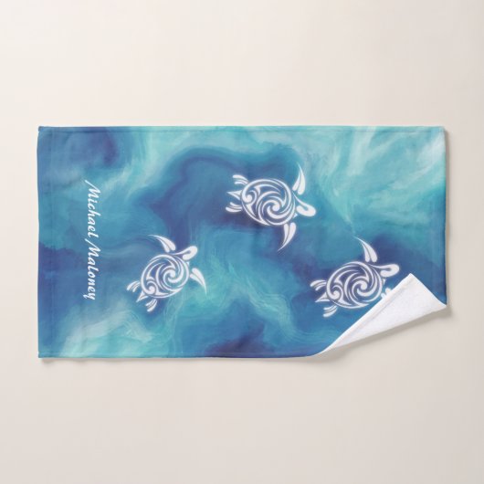 青い海の白いカメ水彩を追加   バスタオルセット (ハンドタオル)