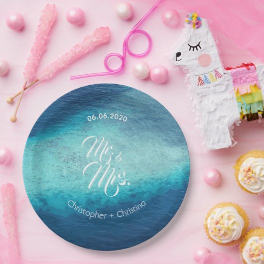 青い海の白い砂のビーチ結婚式のカスタム ペーパープレート (パーティー)