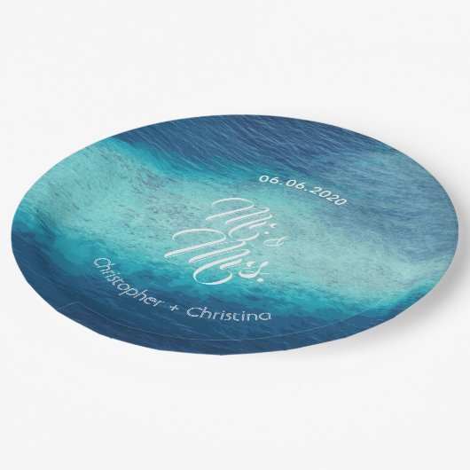 青い海の白い砂のビーチ結婚式のカスタム ペーパープレート (アングル)