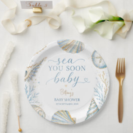 青い海の貝殻のベビーシャワーグッズ Sea You Soon ペーパープレート