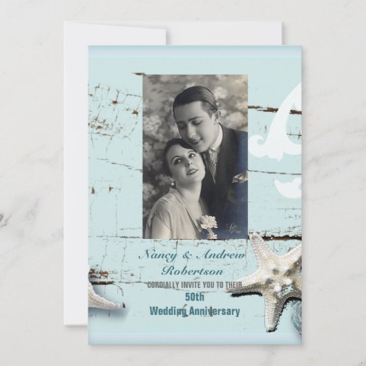 青い海の貝殻ビーチ 50周年結婚記念日 招待状 (正面)