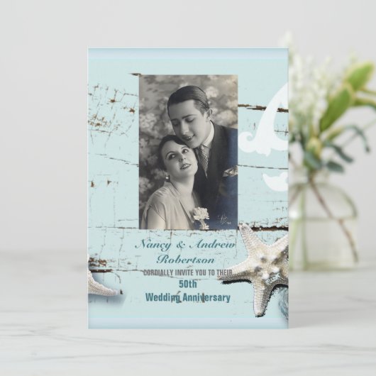青い海の貝殻 ビーチ 50周年 結婚記念日 招待状 (スタンド正面)