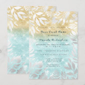 青い海の金の輝きを帯びた花のグラデーション　白いきらきらとしたもの 招待状 (正面/裏面)