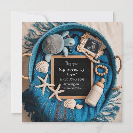 青い海をテーマにした妊娠の発表 招待状 (正面)