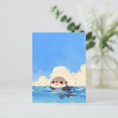 青い海を泳ぐ幸せなカワウソ ポストカード (スタンド正面)