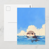 青い海を泳ぐ幸せなカワウソ ポストカード (正面/裏面)