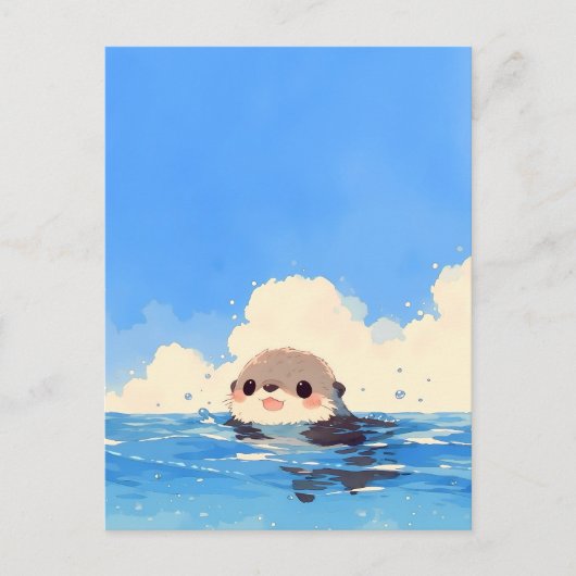 青い海を泳ぐ幸せなカワウソ ポストカード (正面)