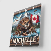 青い海シーンを持つカナディアン・ビーバー スクエア壁時計 (傾斜)