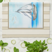 青い海タオルに帆船 キッチンタオル (折り畳み)