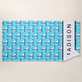 青い海パターンのあなたの一流の|のヨットを加えて下さい ビーチタオル (正面)