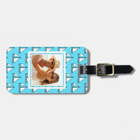 青い海パターンのカスタムな写真のヨット ラゲッジタグ (正面横)