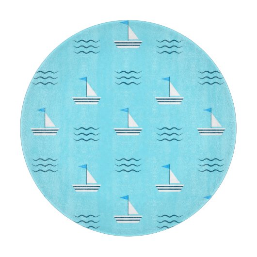青い海パターンのヨット カッティングボード (正面)