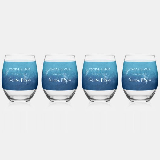青い海ビーチ結婚式名前をカスタムする ステムなしワイングラス (正面)
