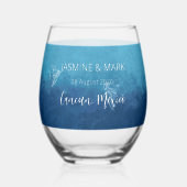 青い海ビーチ結婚式名前をカスタムする ステムなしワイングラス (正面)