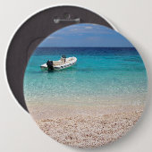 青い海ボタンの高速モーターボート 缶バッジ (正面&裏面)