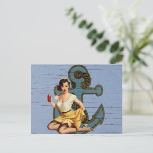 青い海岸の船とアンカーのプールパーティの女の子 ポストカード (スタンド正面)