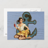 青い海岸の船とアンカーのプールパーティの女の子 ポストカード (正面/裏面)