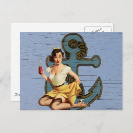 青い海岸の船とアンカーのプールパーティの女の子 ポストカード (正面/裏面)