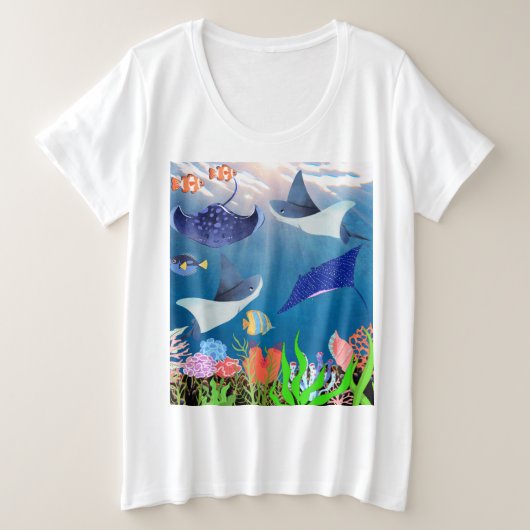 青い海波ジャイアントマンタスティングレイ祖母 プラスサイズTシャツ (デザイン正面)