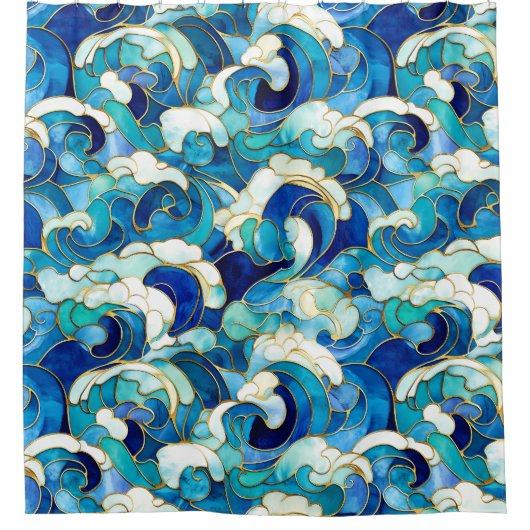 青い海波ステンドグラスのモザイク シャワーカーテン (正面)