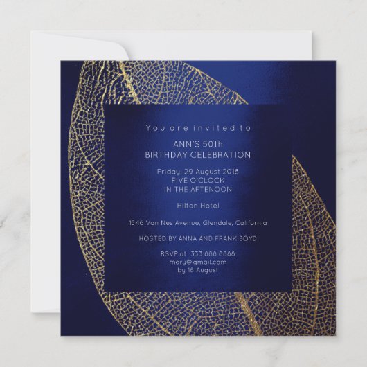 青い海洋海軍葉の金ゴールドの誕生会 招待状 (正面)