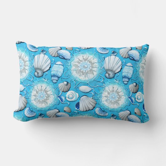 青い海貝の模様 ランバークッション (正面)
