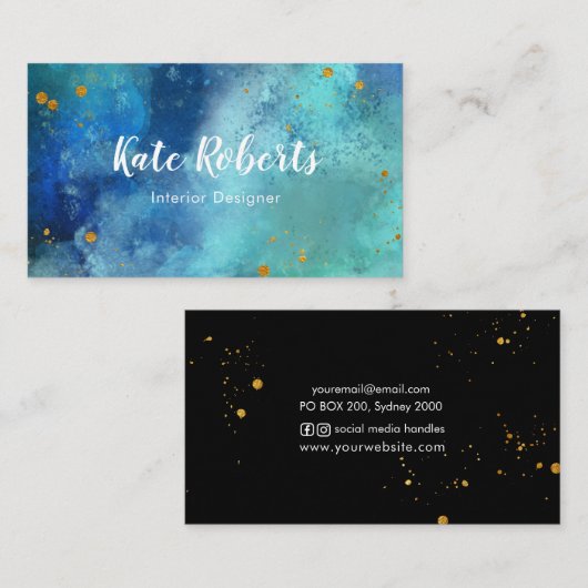 青い海軍水彩画の金ゴールドのsplatsの名刺 名刺 (正面/裏面)
