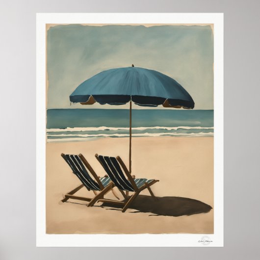 青い海辺の傘とビーチチェアの油絵 ポスター (正面)