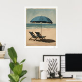 青い海辺の傘とビーチチェアの油絵 ポスター (ホームオフィス)