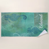 青い海，海馬と花咲き ビーチタオル (正面)