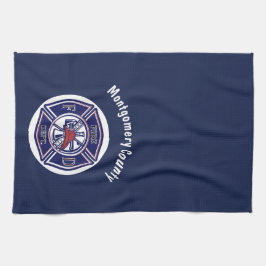 青い消防士のバッジのロパーソナライズされたゴ キッチンタオル