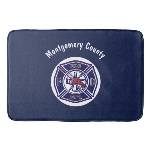 青い消防士のバッジのロパーソナライズされたゴ バスマット (正面)