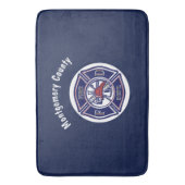 青い消防士のバッジのロパーソナライズされたゴ バスマット (正面縦)