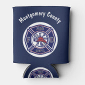 青い消防士のバッジのロパーソナライズされたゴ 缶クーラー (正面)