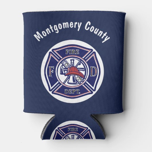 青い消防士のバッジのロパーソナライズされたゴ 缶クーラー (正面)