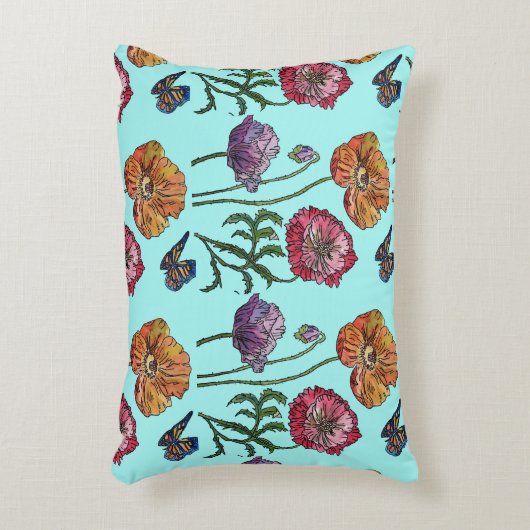 青い淡い色のみすぼらしいケシのデコアクッション アクセントクッション (正面(垂直))