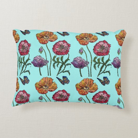 青い淡い色のみすぼらしいケシのデコアクッション アクセントクッション (裏面)