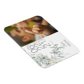 青い淡い色のバラと葉の写真の日付を保存 マグネット (右側)